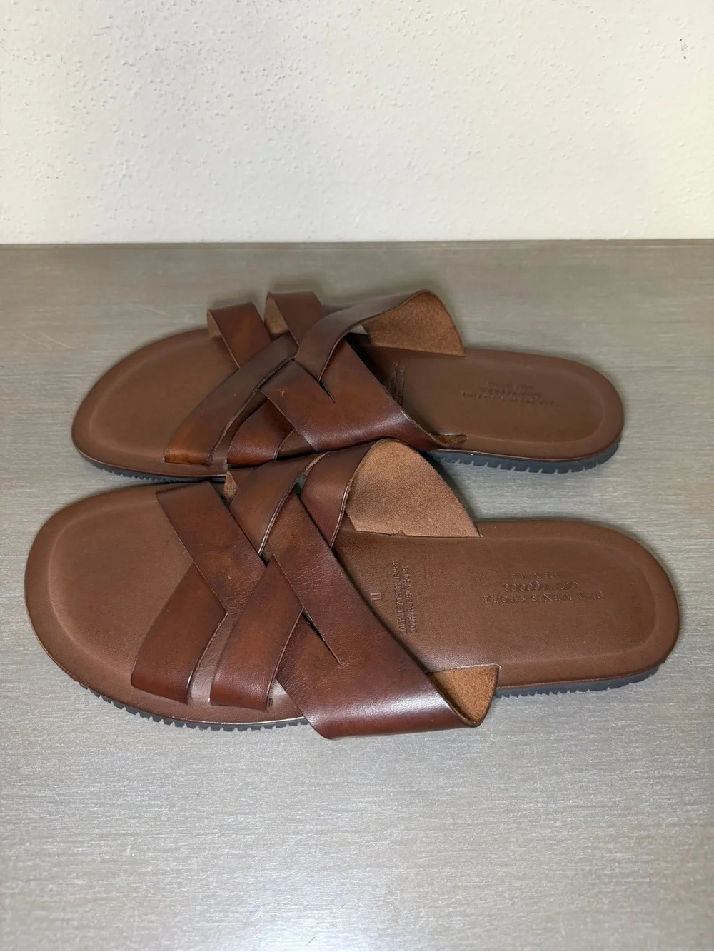 Size 11 - Bloomingdales The Men's Store Leather Cross Strap Woven Sandals Brown